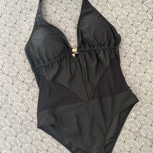Black One Piece Swimsuit with Metal Seashell Accent